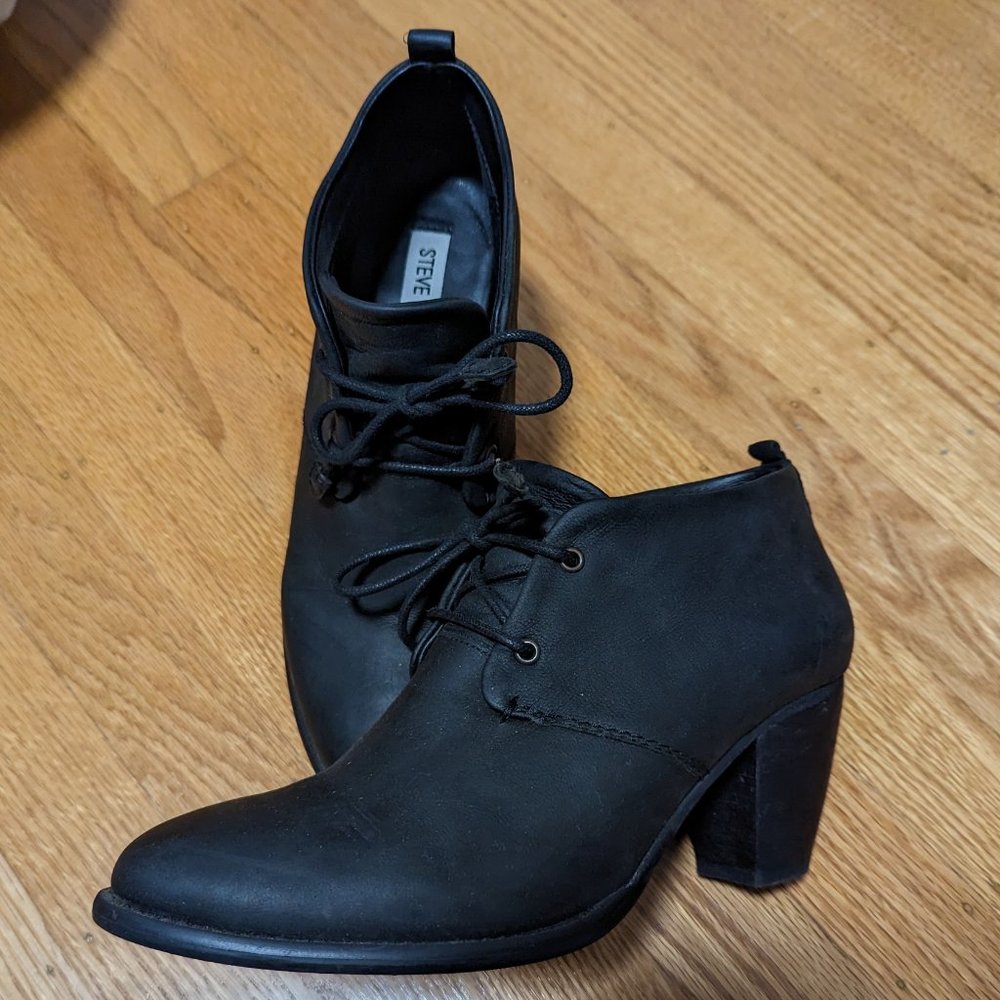Steve Madden - Brogues Lace Up Boots Black Heels Leather Oxford Work - 9